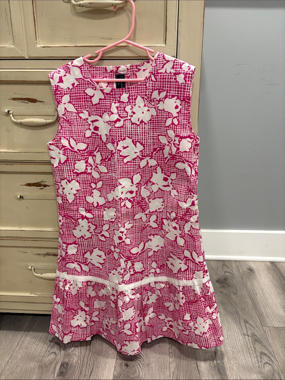 Oscar de la renta Sleeveless Pink & White Floral Drop-Waist Dress